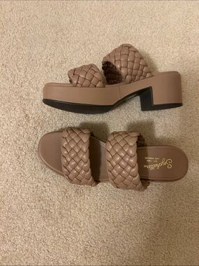 Seychelles Braided Double-Strap Taupe Slide Heels